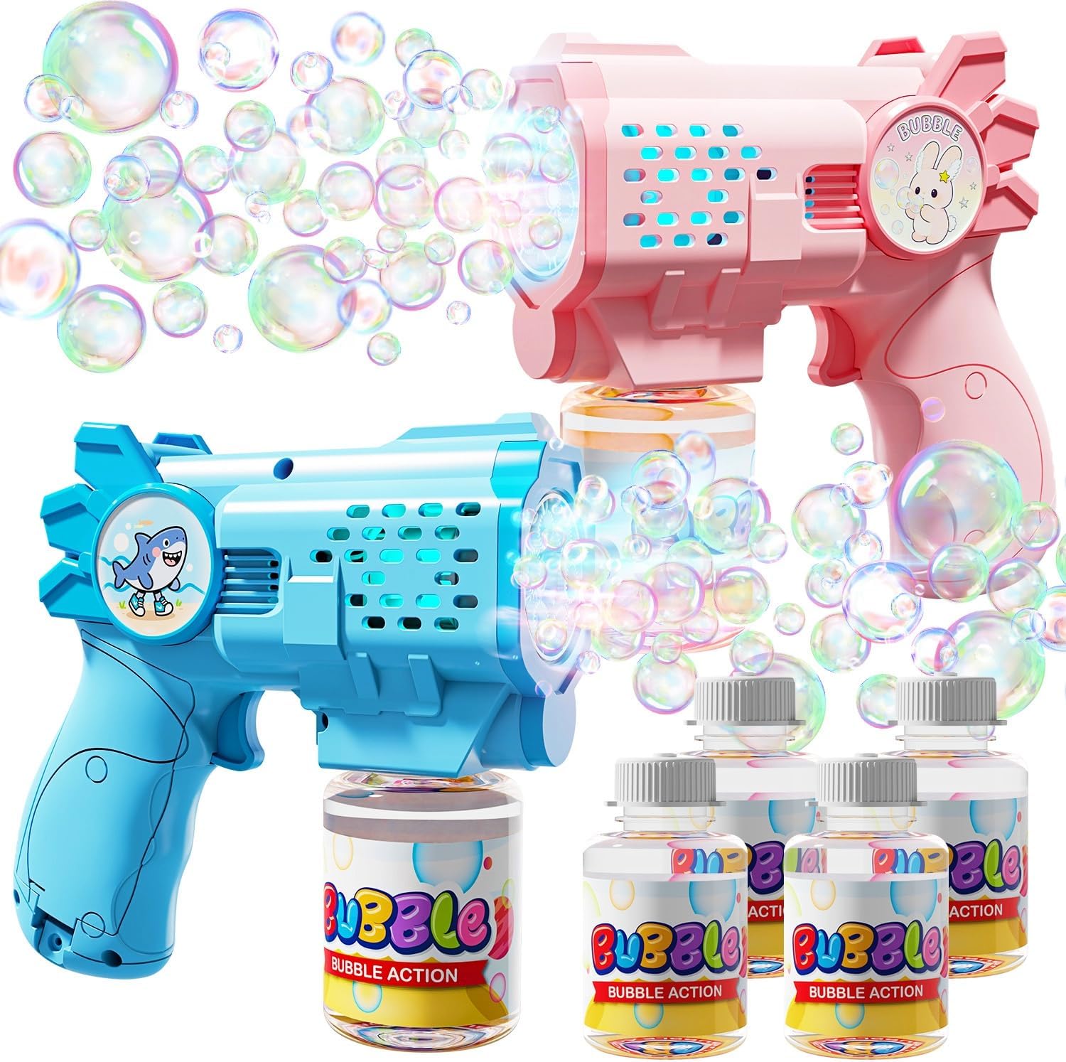 AstraScope 2-Pack LED Revolver Bubble Guns with 4 Bubble Solutions, 8000+ Bubbles/Min Toy for Kids