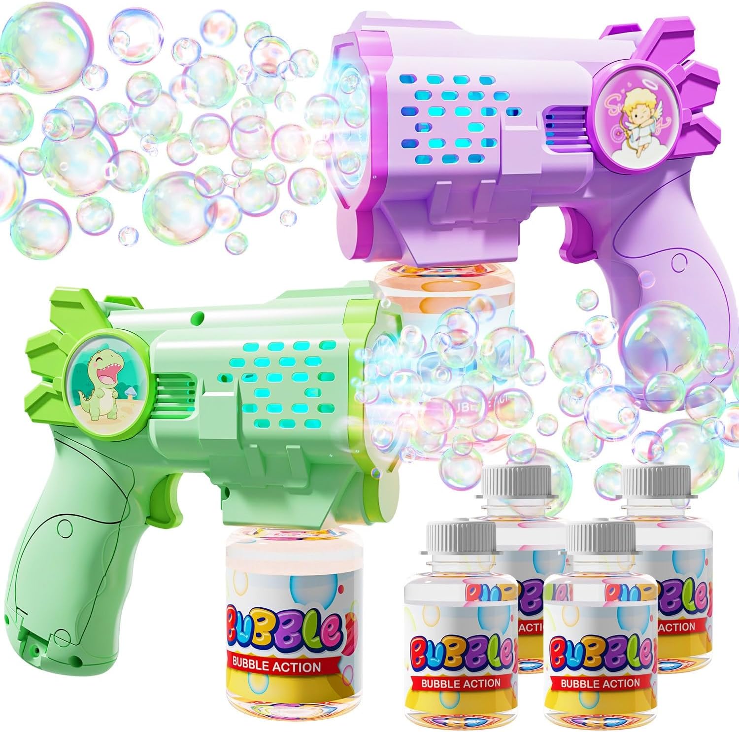 AstraScope 2-Pack LED Revolver Bubble Guns with 4 Bubble Solutions, 8000+ Bubbles/Min Toy for Kids