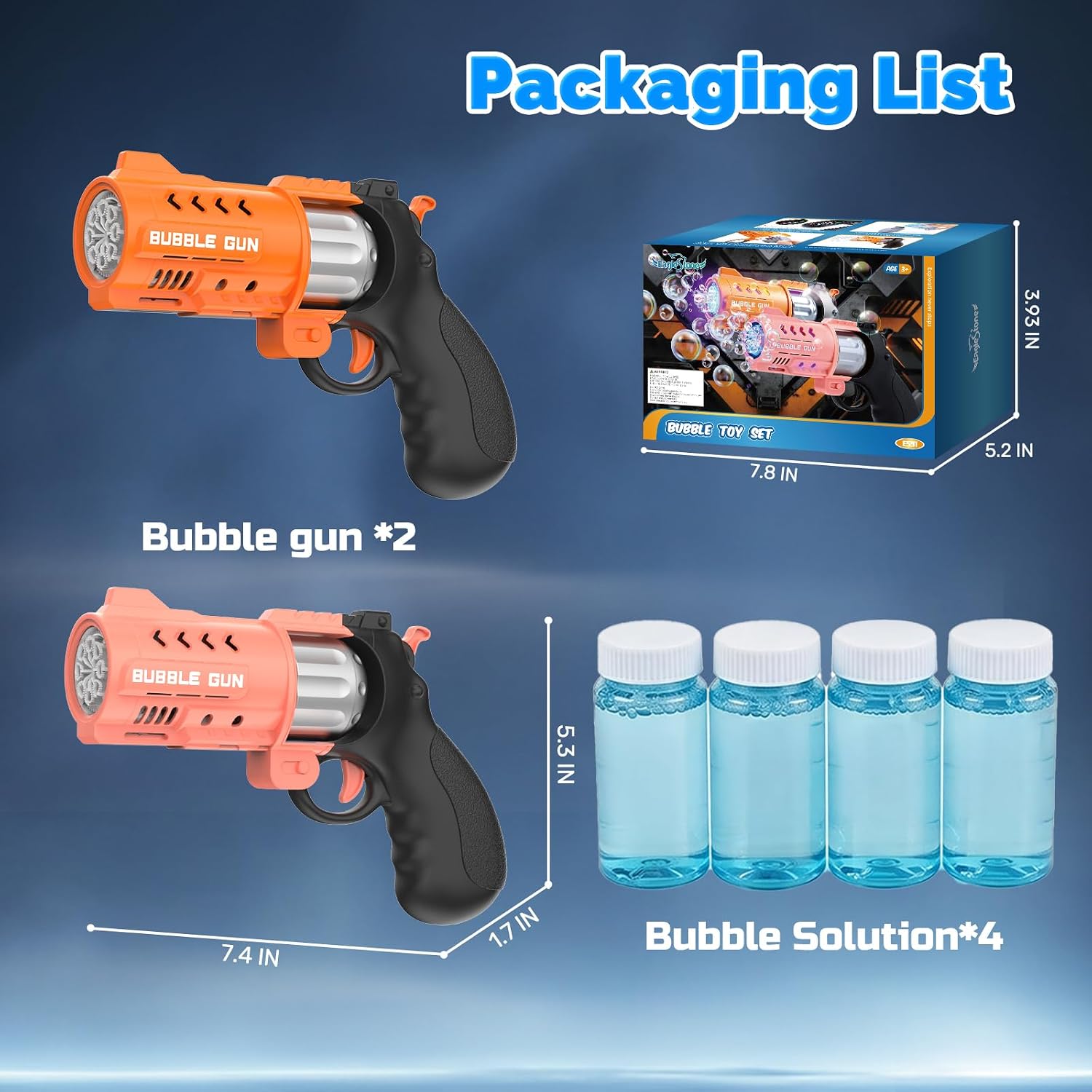 AstraScope 2-Pack LED Revolver Bubble Guns with 4 Bubble Solutions, 8000+ Bubbles/Min Toy for Kids