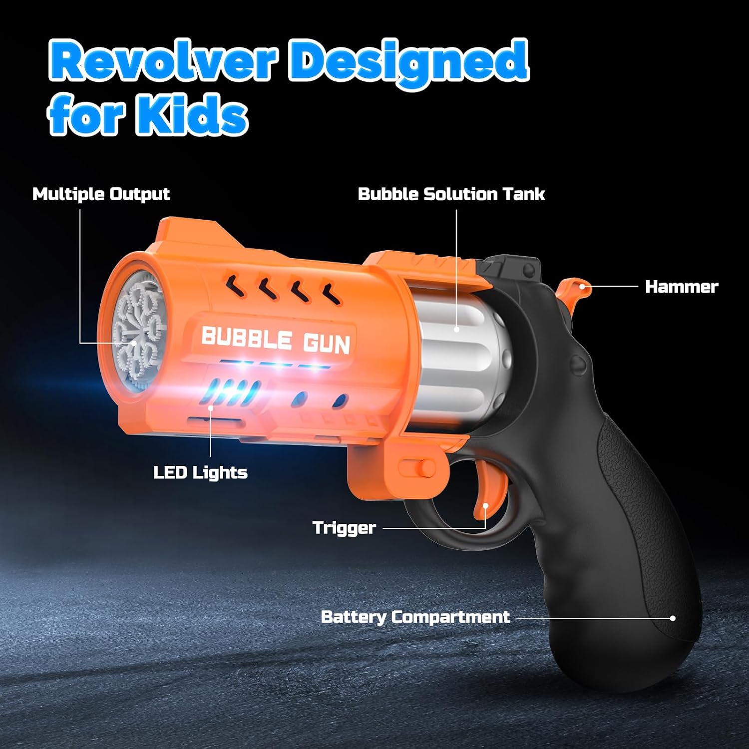 AstraScope 2-Pack LED Revolver Bubble Guns with 4 Bubble Solutions, 8000+ Bubbles/Min Toy for Kids