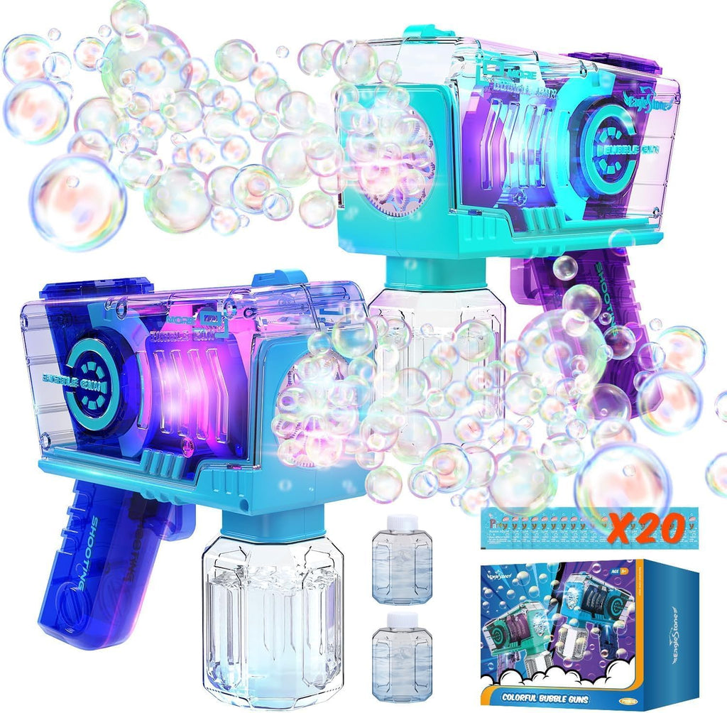 AstraScope 2-Pack LED Revolver Bubble Guns with 4 Bubble Solutions, 8000+ Bubbles/Min Toy for Kids