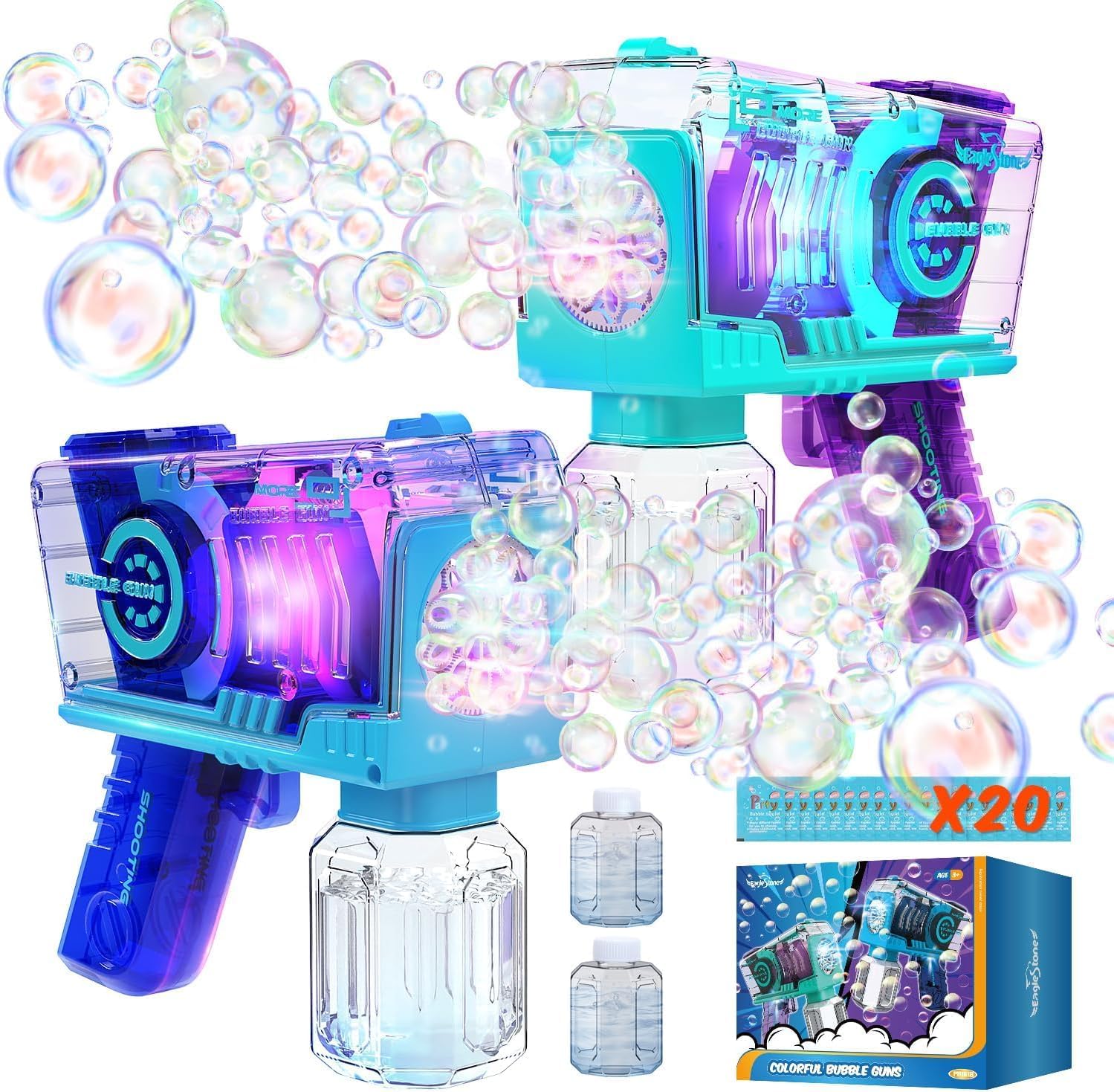 AstraScope 2-Pack LED Revolver Bubble Guns with 4 Bubble Solutions, 8000+ Bubbles/Min Toy for Kids